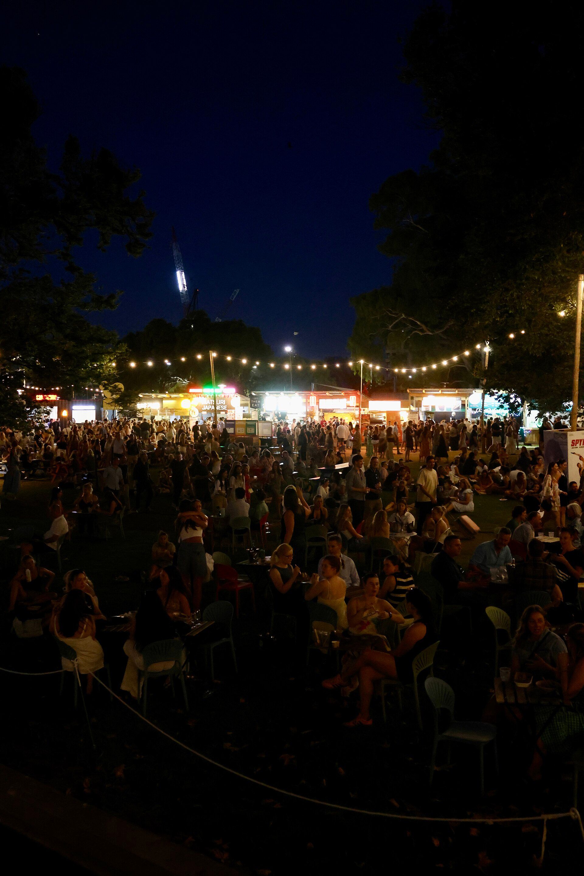 Night crowd and food stalls at Gluttony during Adelaide Fringe 2025