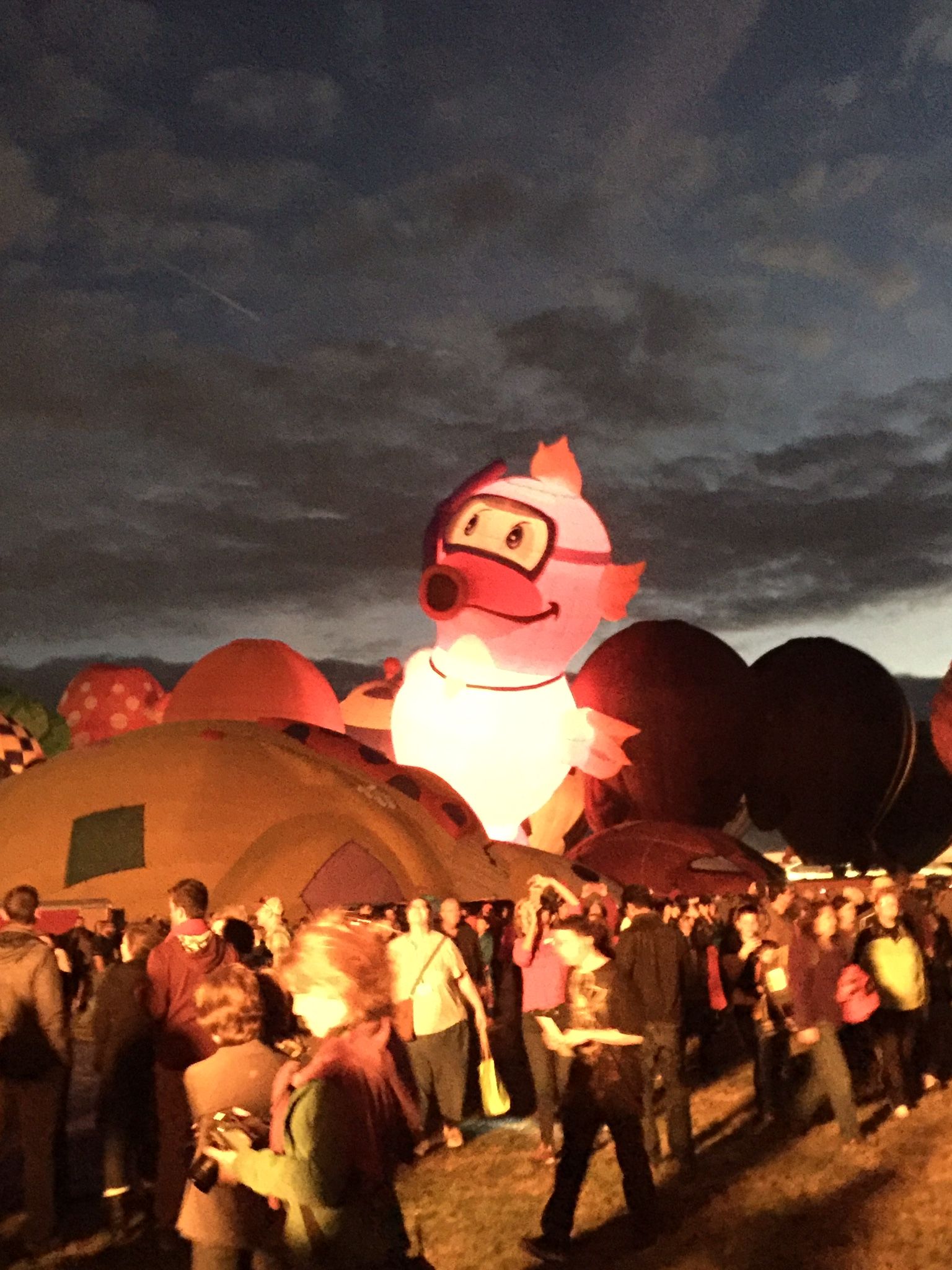 Special shape balloons glowing at night during the Glowdeo at the 2015 Albuquerque International Balloon Fiesta; historical edition, not the 2027 event.