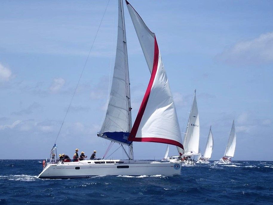 A crew sailing during Antigua Sailing Week