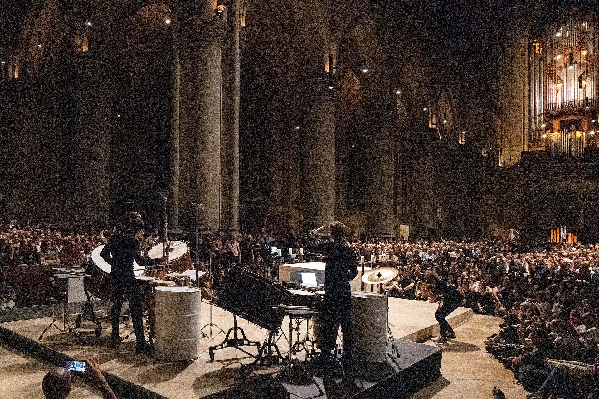 MOTUS percussion performance inside Linz Mariendom during Ars Electronica 2025