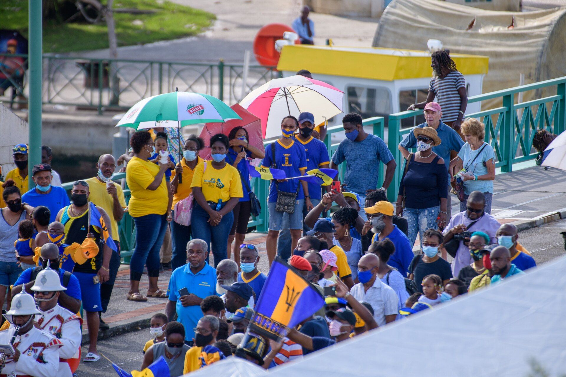 Spectators in national colors at Barbados's 2020 Independence Day ceremony