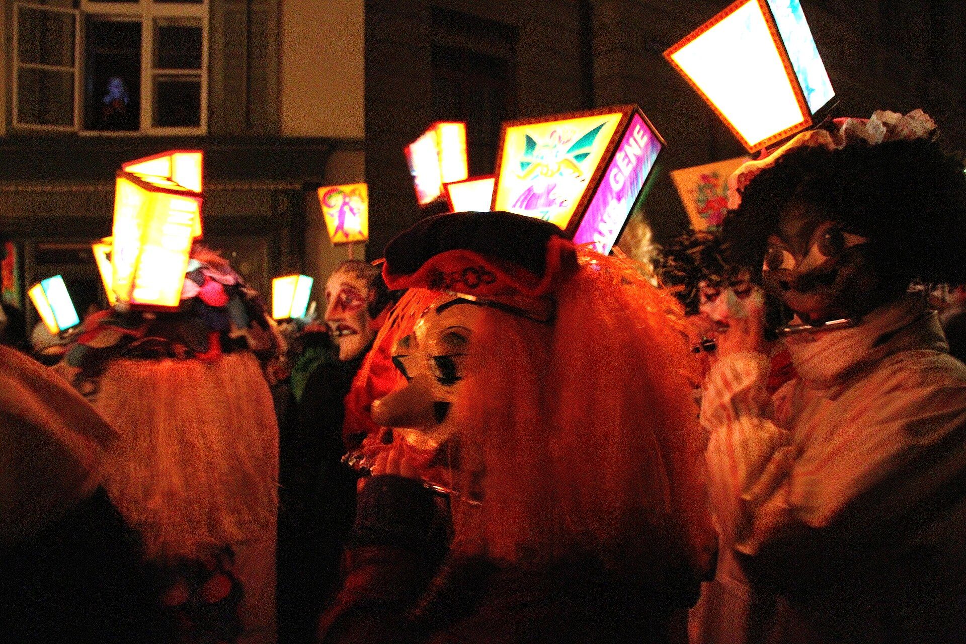 Illuminated lanterns at the dark Morgenstreich opening