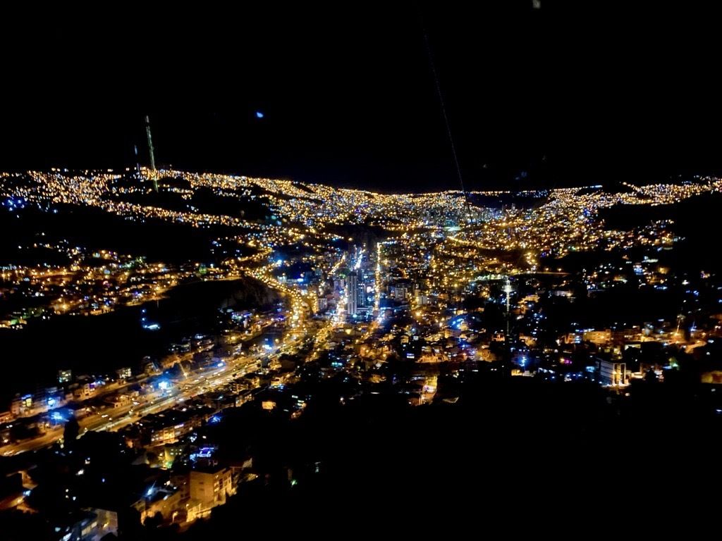 La Paz illuminated at night from the cable car