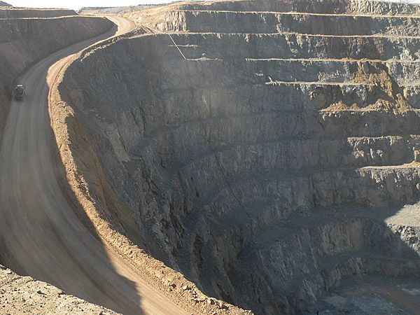 Terraced open-pit mine and haul road in Botswana