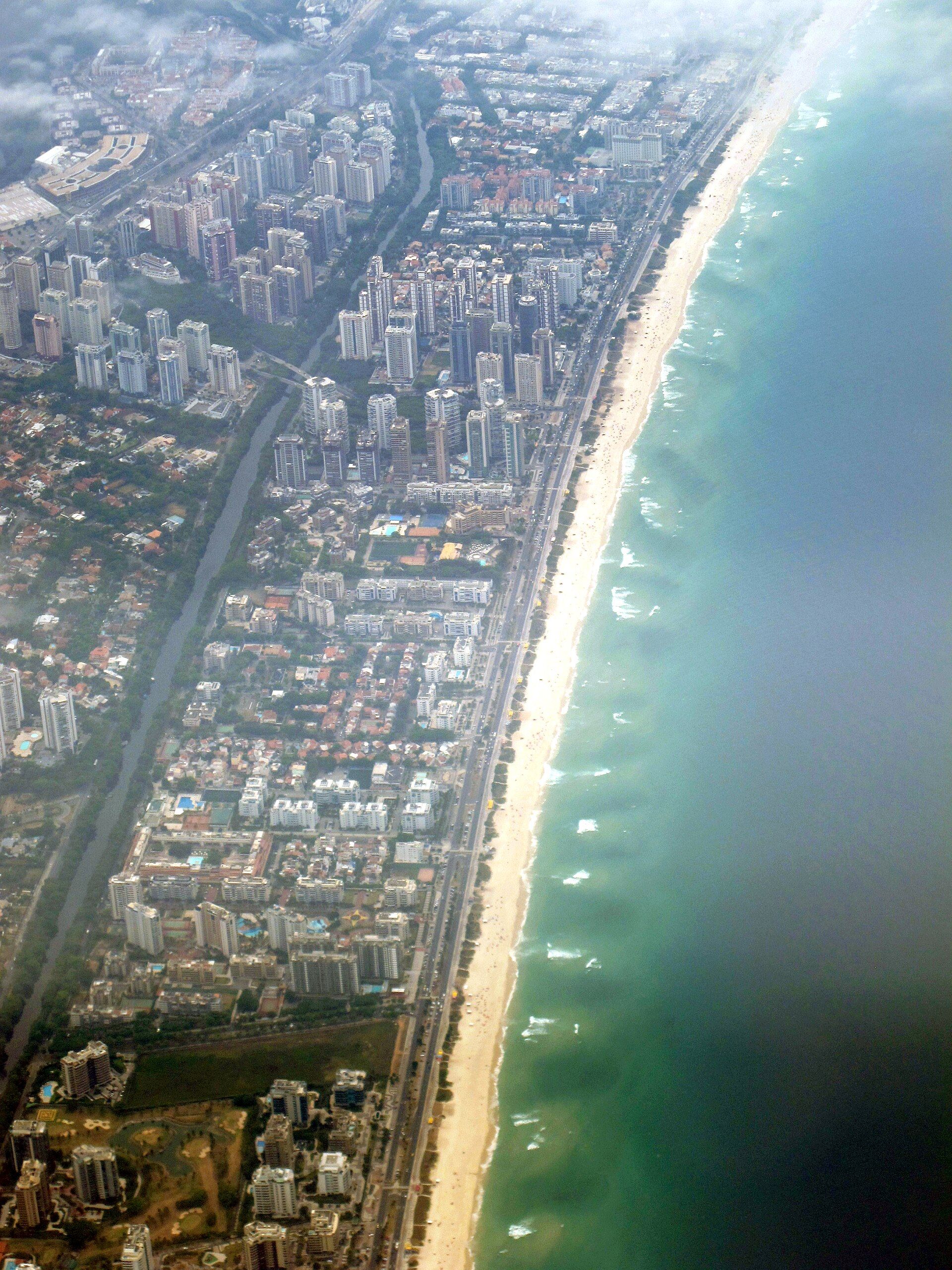Aerial view of Barra da Tijuca beach and its long urban shoreline