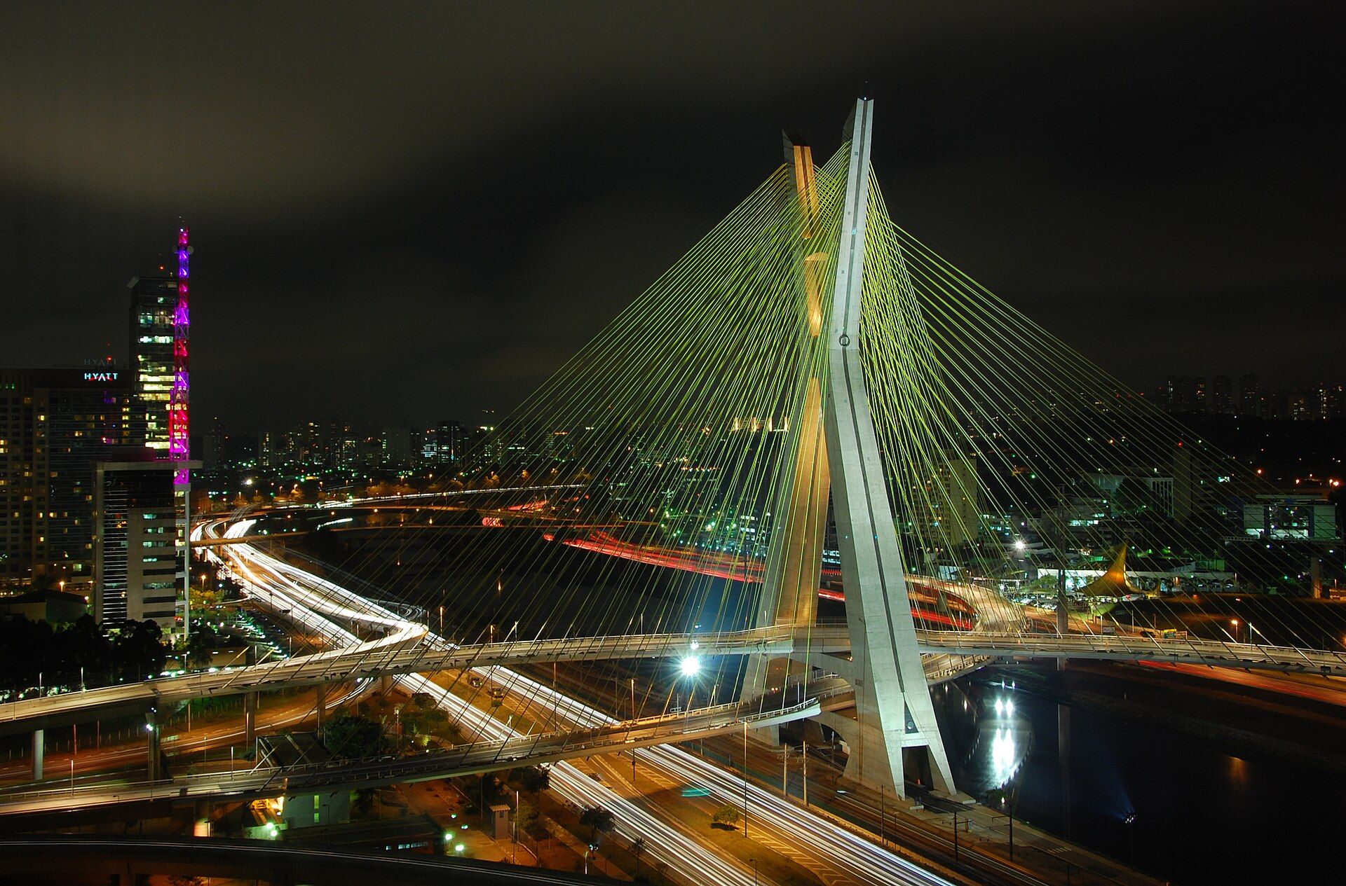 Octávio Frias de Oliveira cable-stayed bridge at night in São Paulo