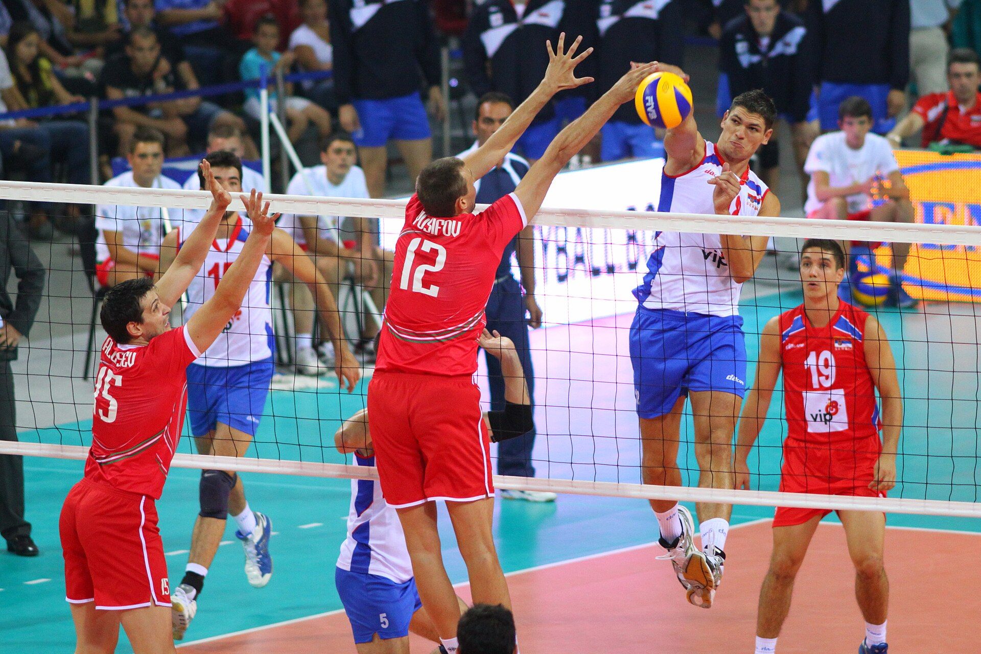 Bulgaria playing Serbia in men's volleyball at Arena 8888 Sofia in 2012