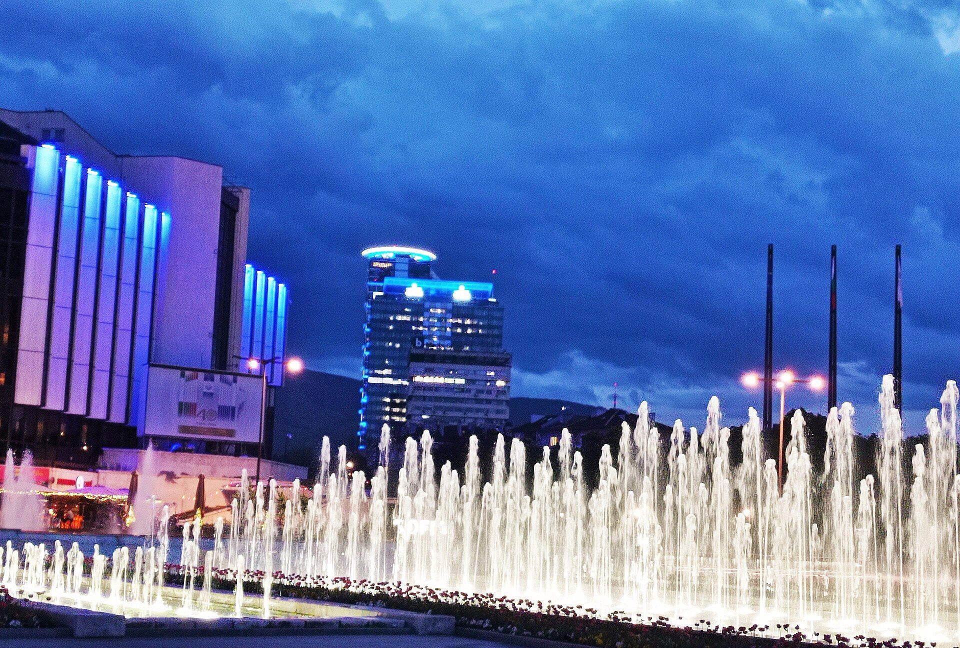 National Palace of Culture and fountains at blue hour in Sofia