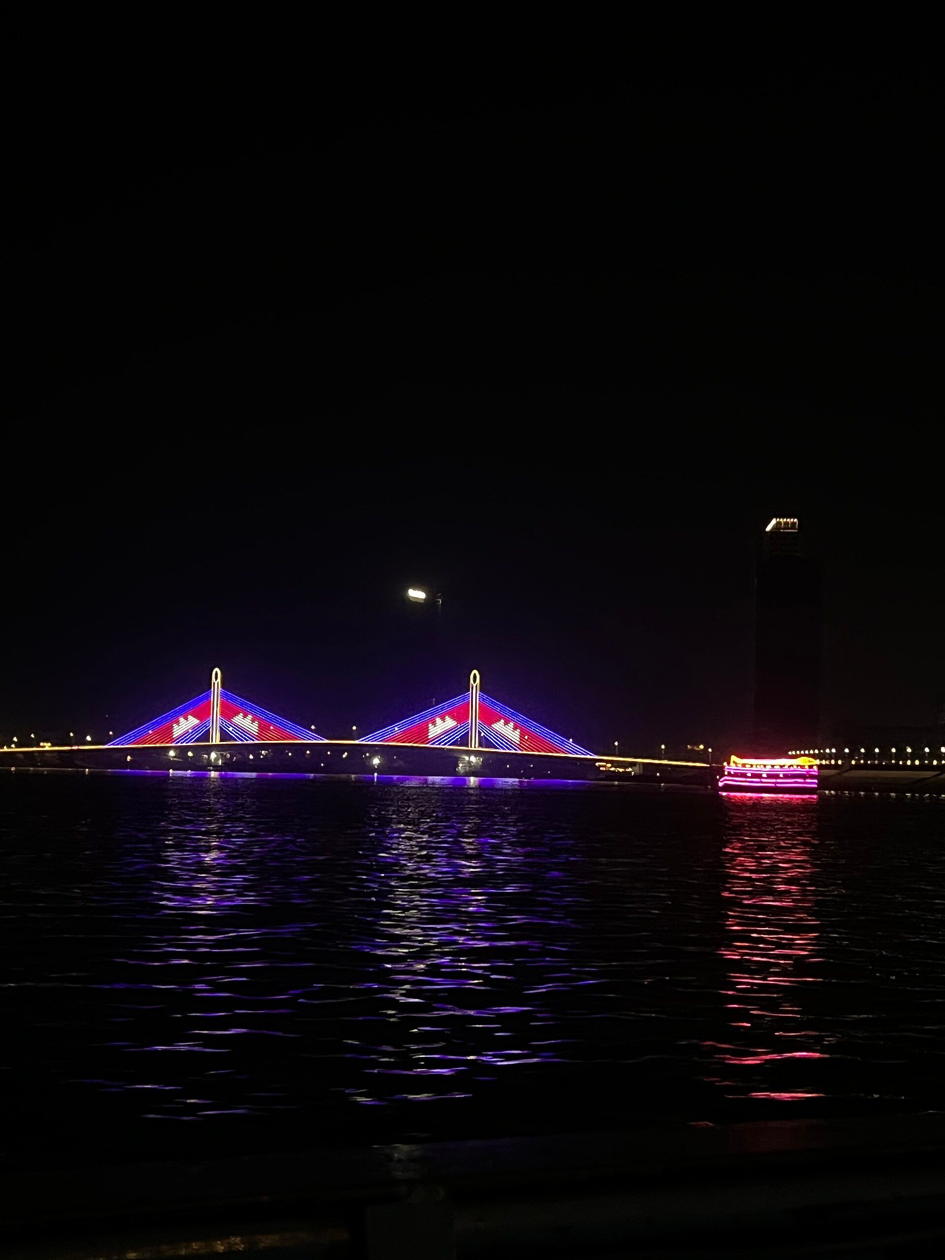 Koh Norea bridge illuminated at night in Phnom Penh