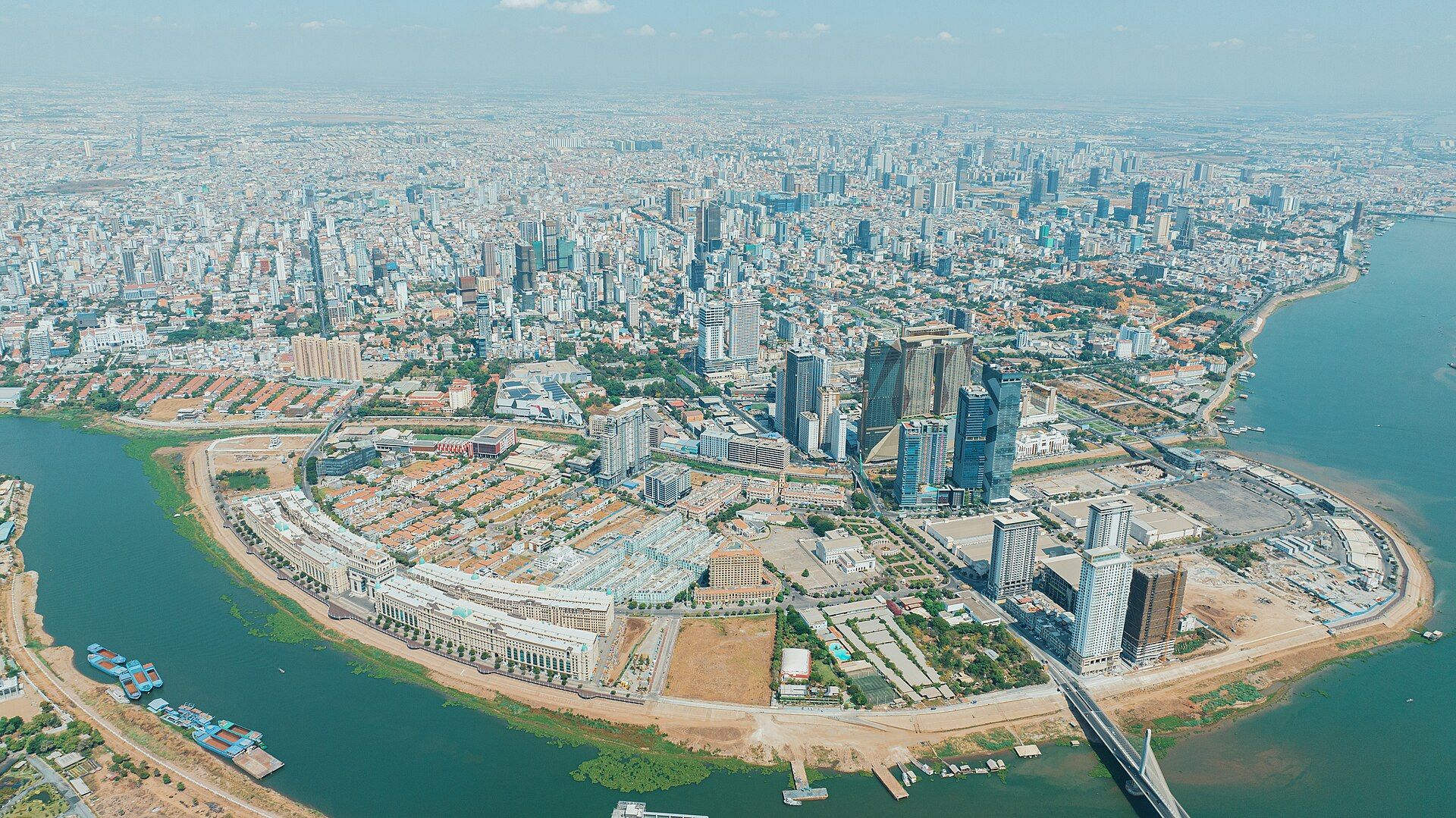Aerial view of Koh Pich and central Phnom Penh