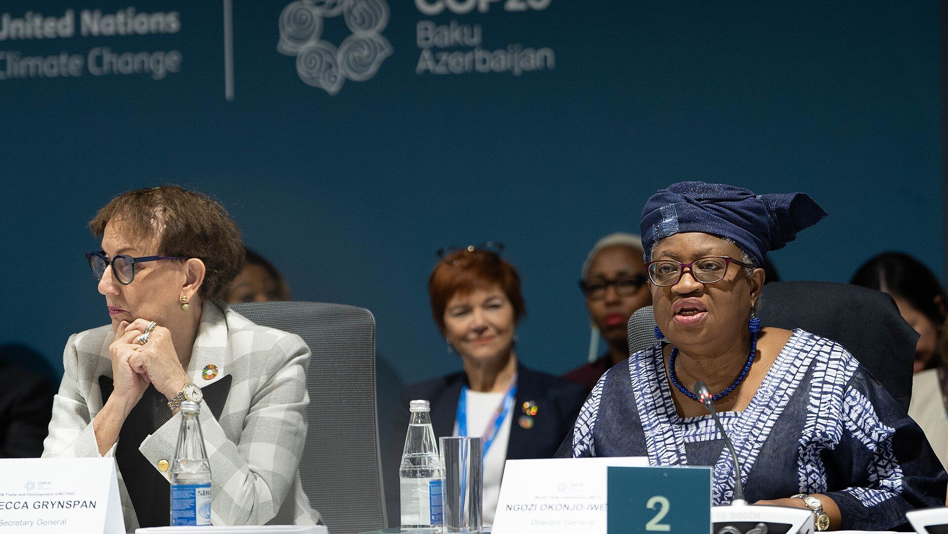 Ngozi Okonjo-Iweala speaking at a climate-finance dialogue during COP29 in Baku in 2024