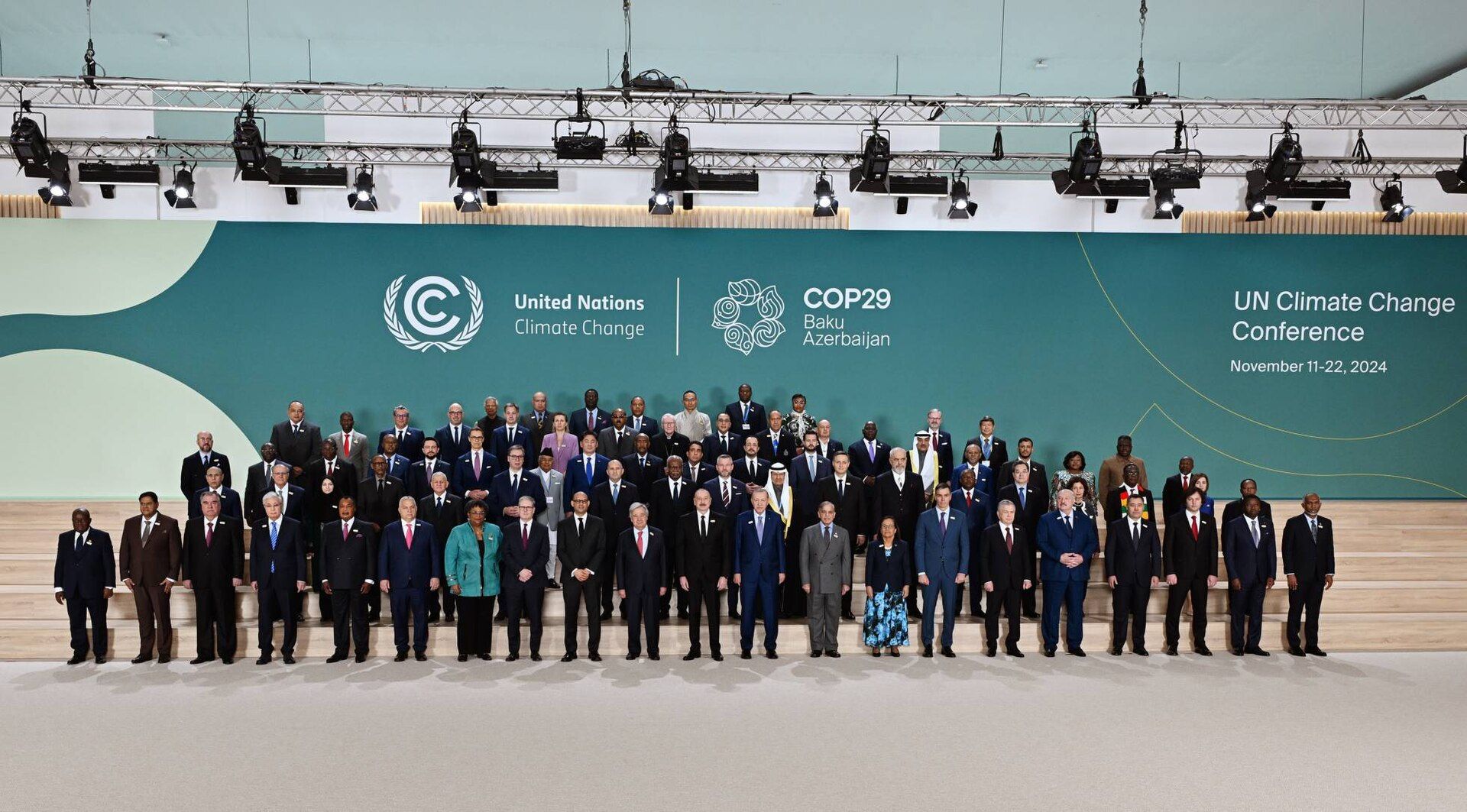World leaders assembled on the COP29 stage in Baku in 2024