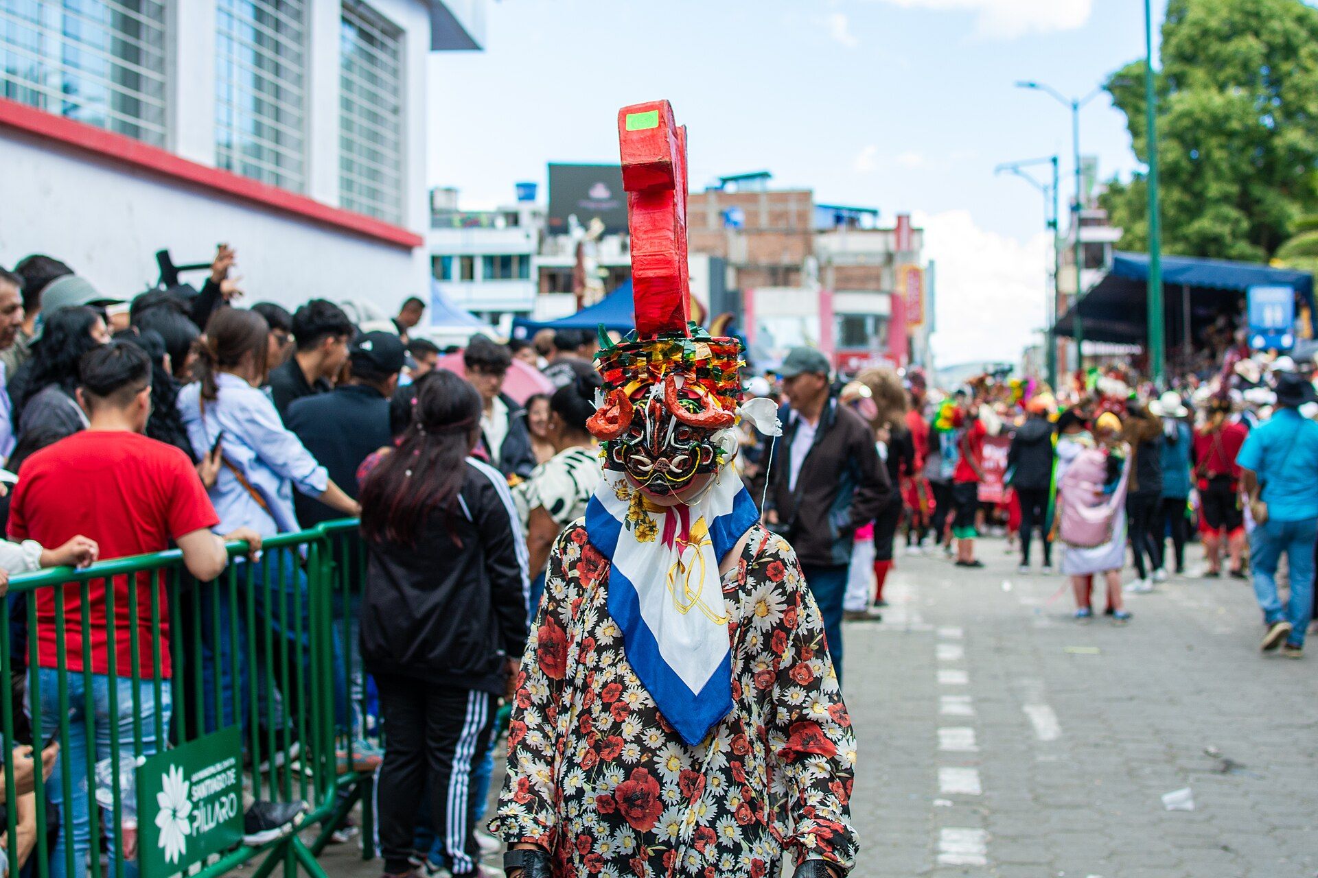 A Diablada Pillareña participant in a traditional mask and floral costume