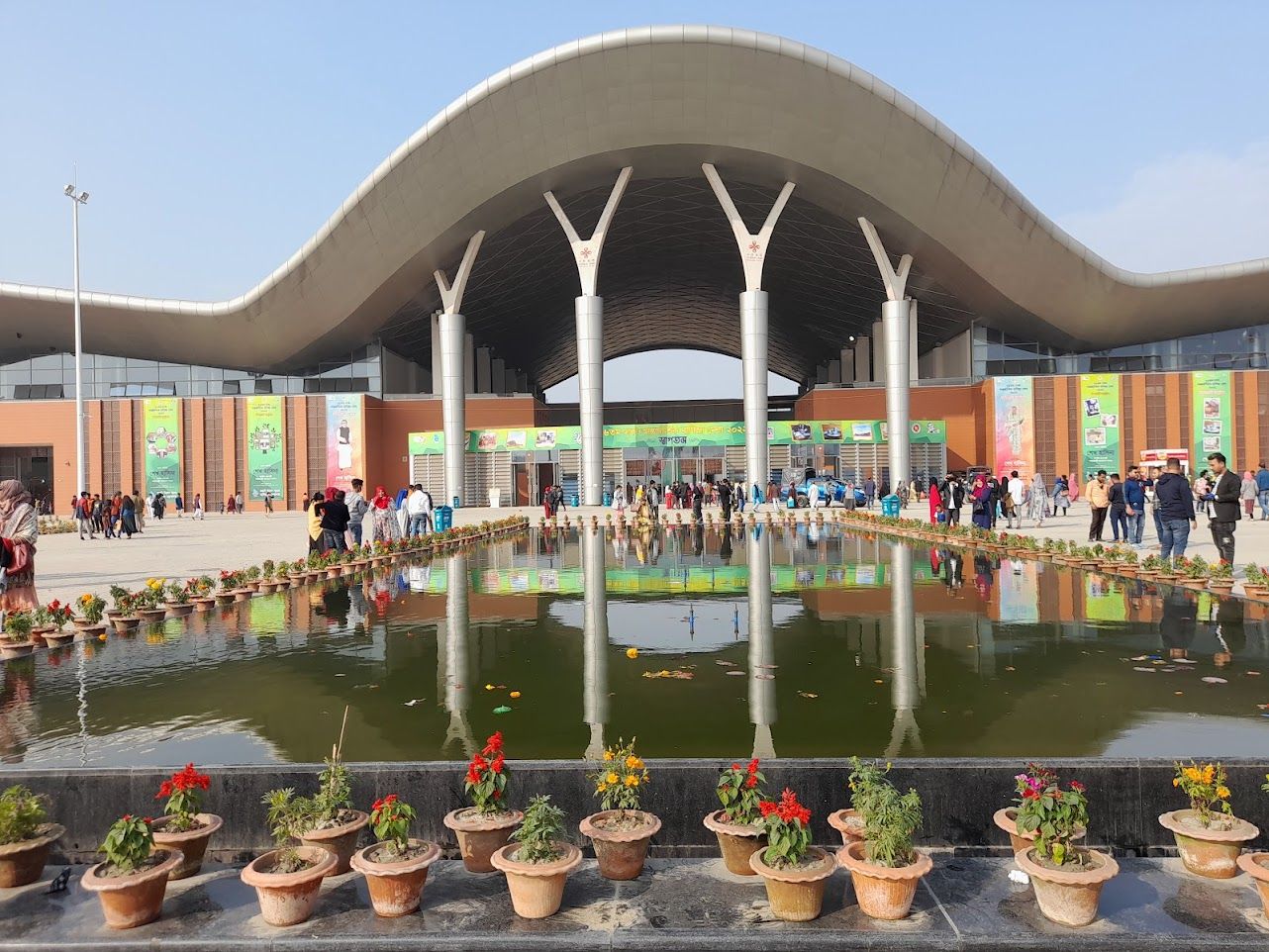 Decorated entrance and reflecting pool at Dhaka International Trade Fair in Purbachal in 2022