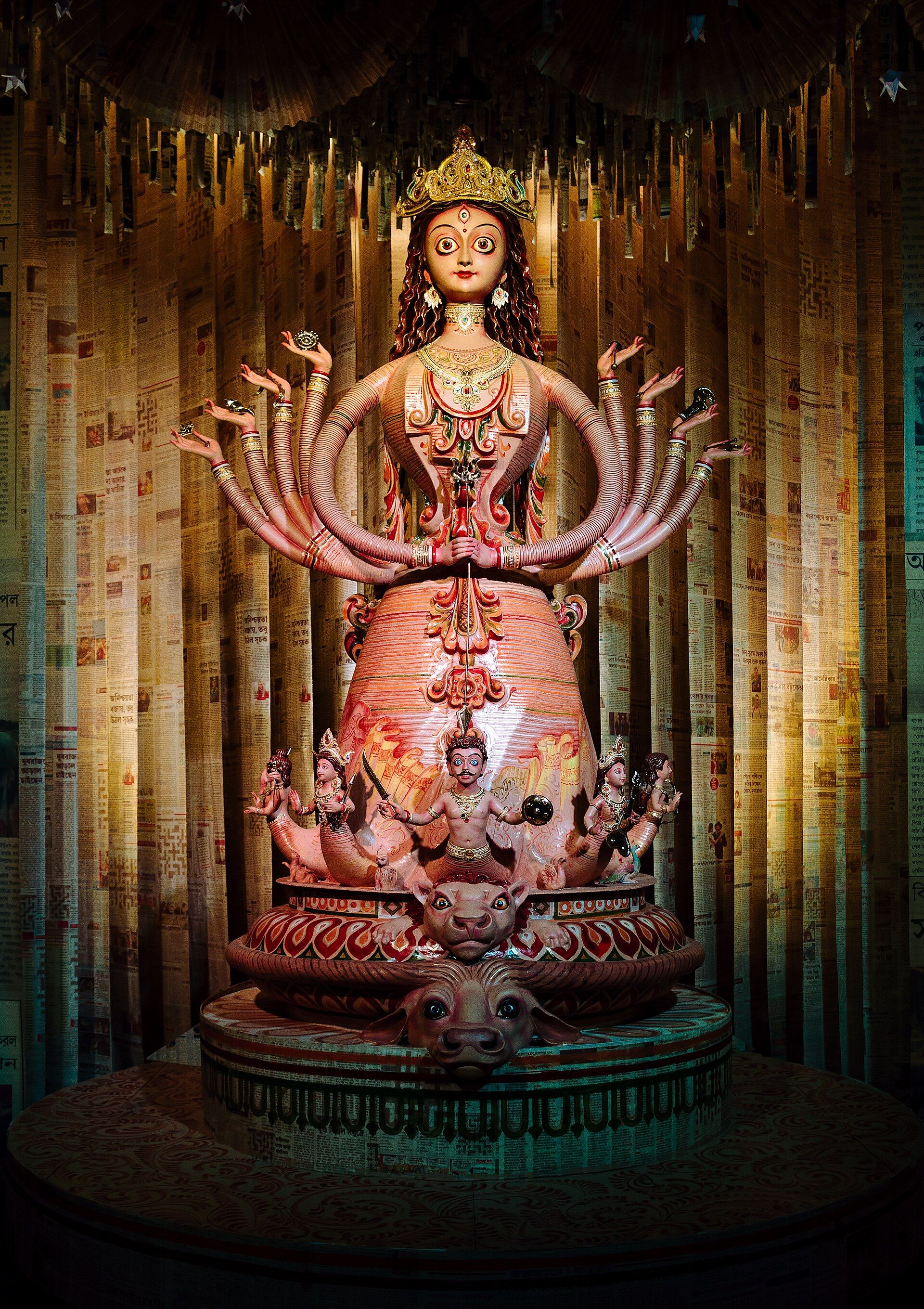Durga image and decorations at a neighborhood puja in Kolkata