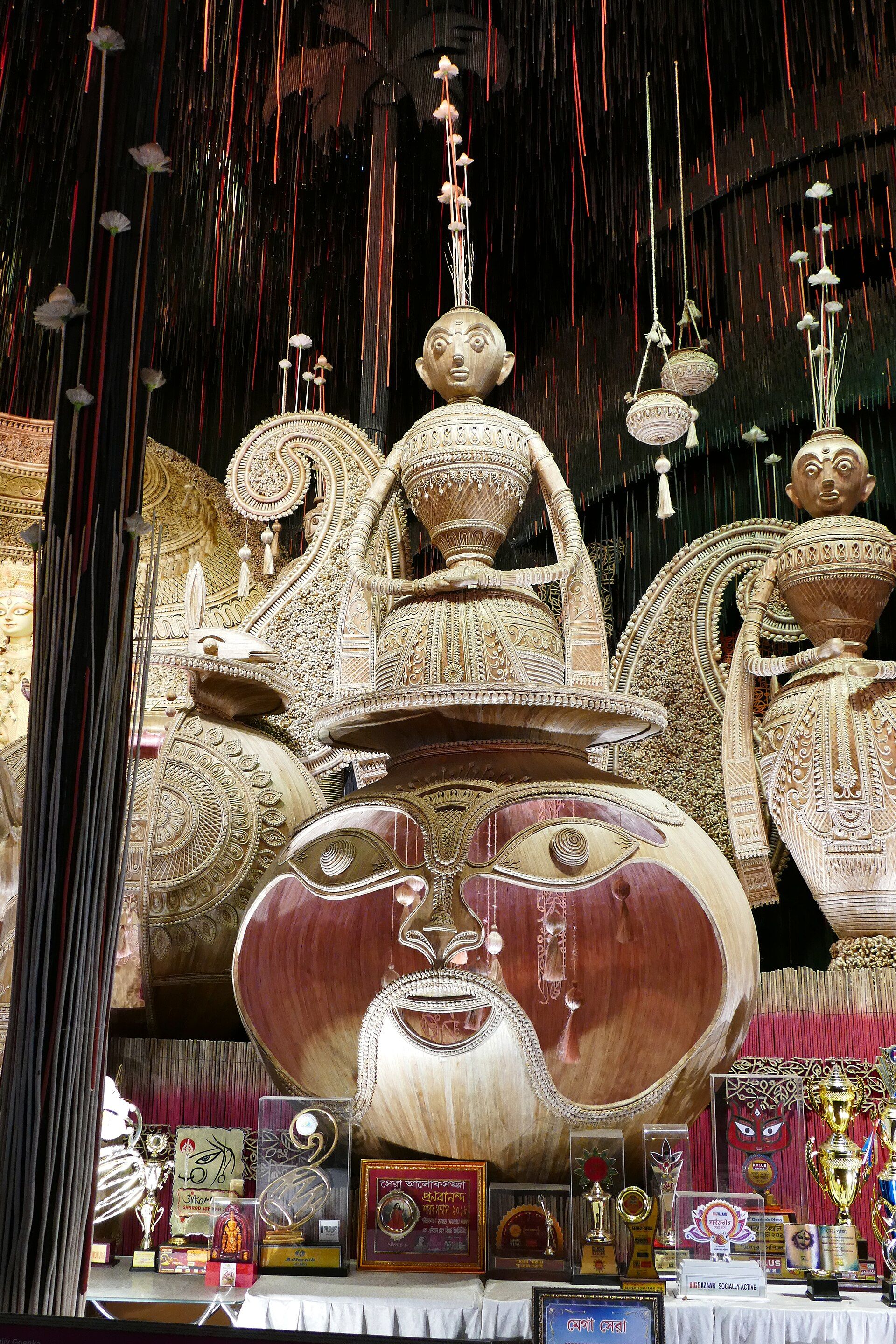 An illuminated Durga Puja pandal in Kolkata