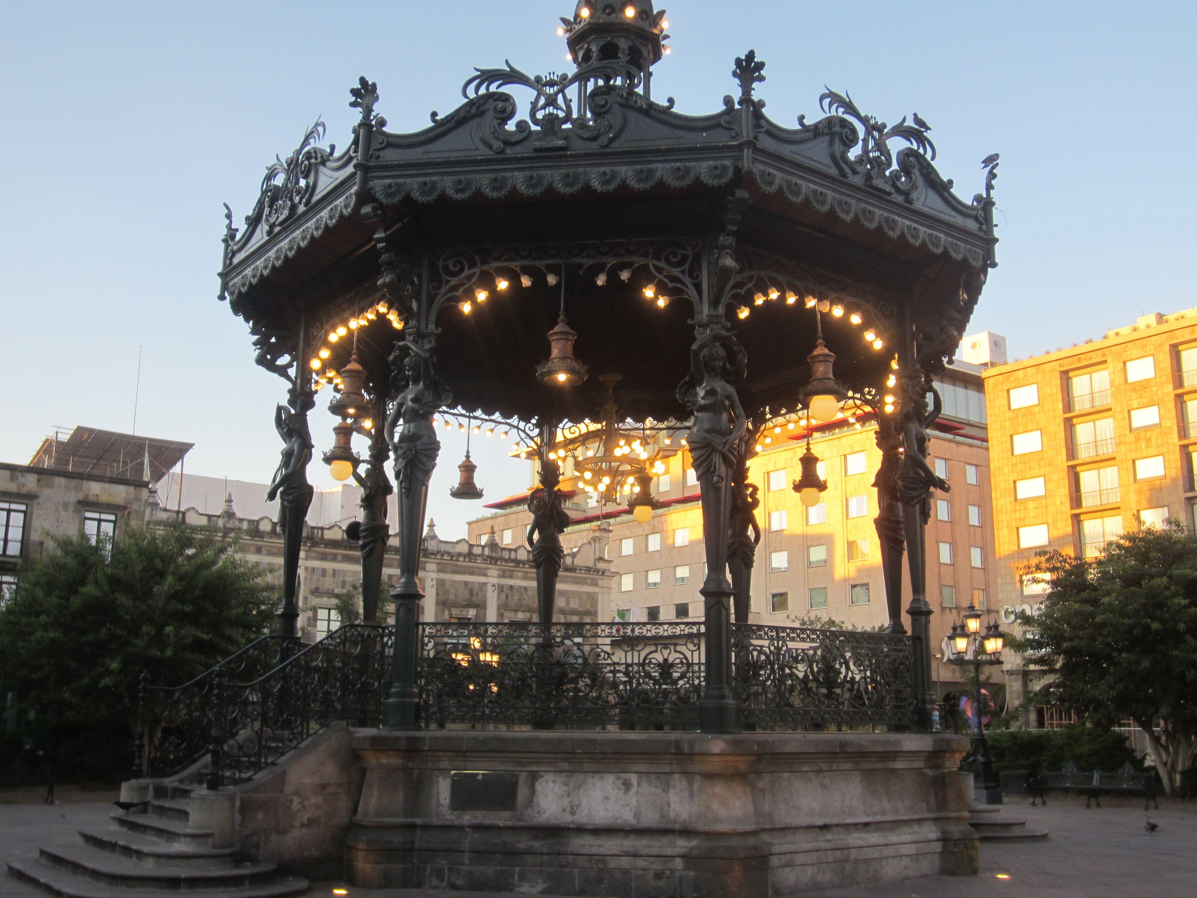 Central wrought-iron bandstand of Plaza de Armas in Guadalajara, Jalisco, Mexico (city context)