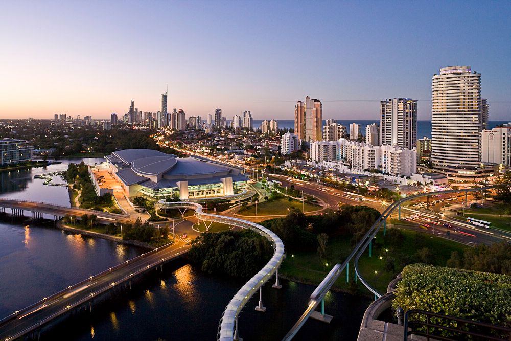 Gold Coast Convention and Exhibition Centre with the Broadbeach and Surfers Paradise skyline