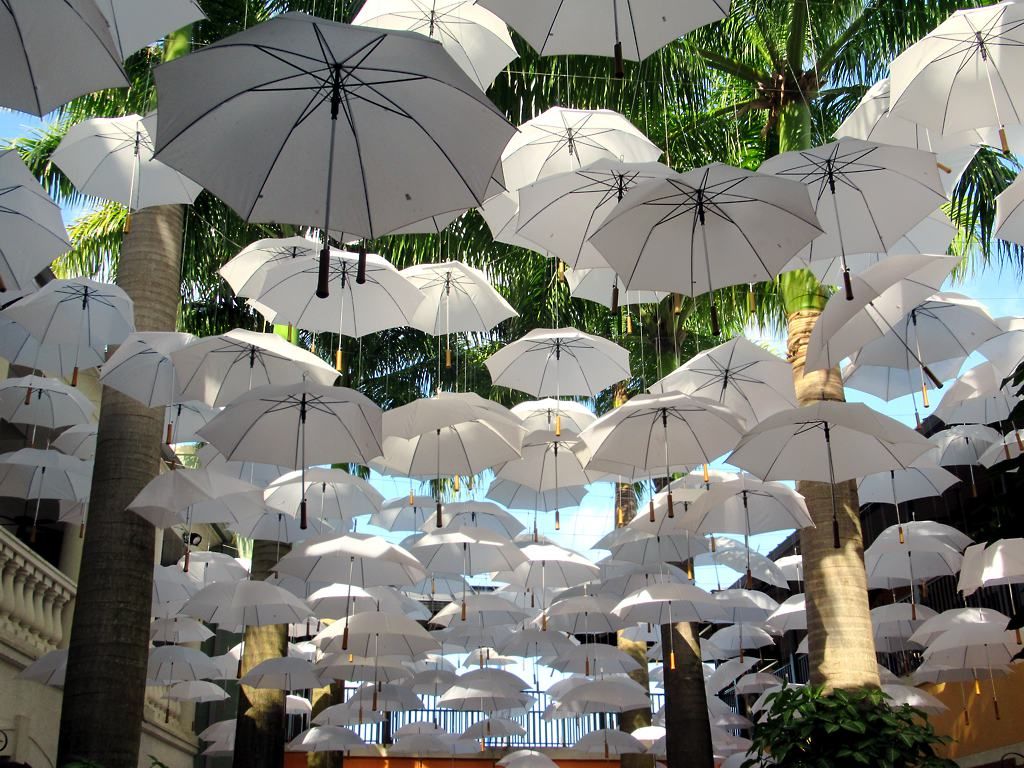 Umbrella installation in Holetown's Limegrove center