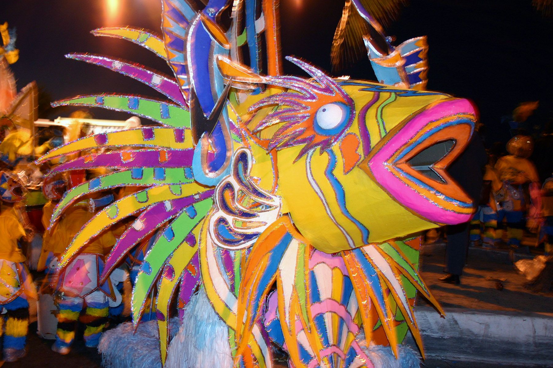 A brightly costumed performer at a Junkanoo parade in Nassau