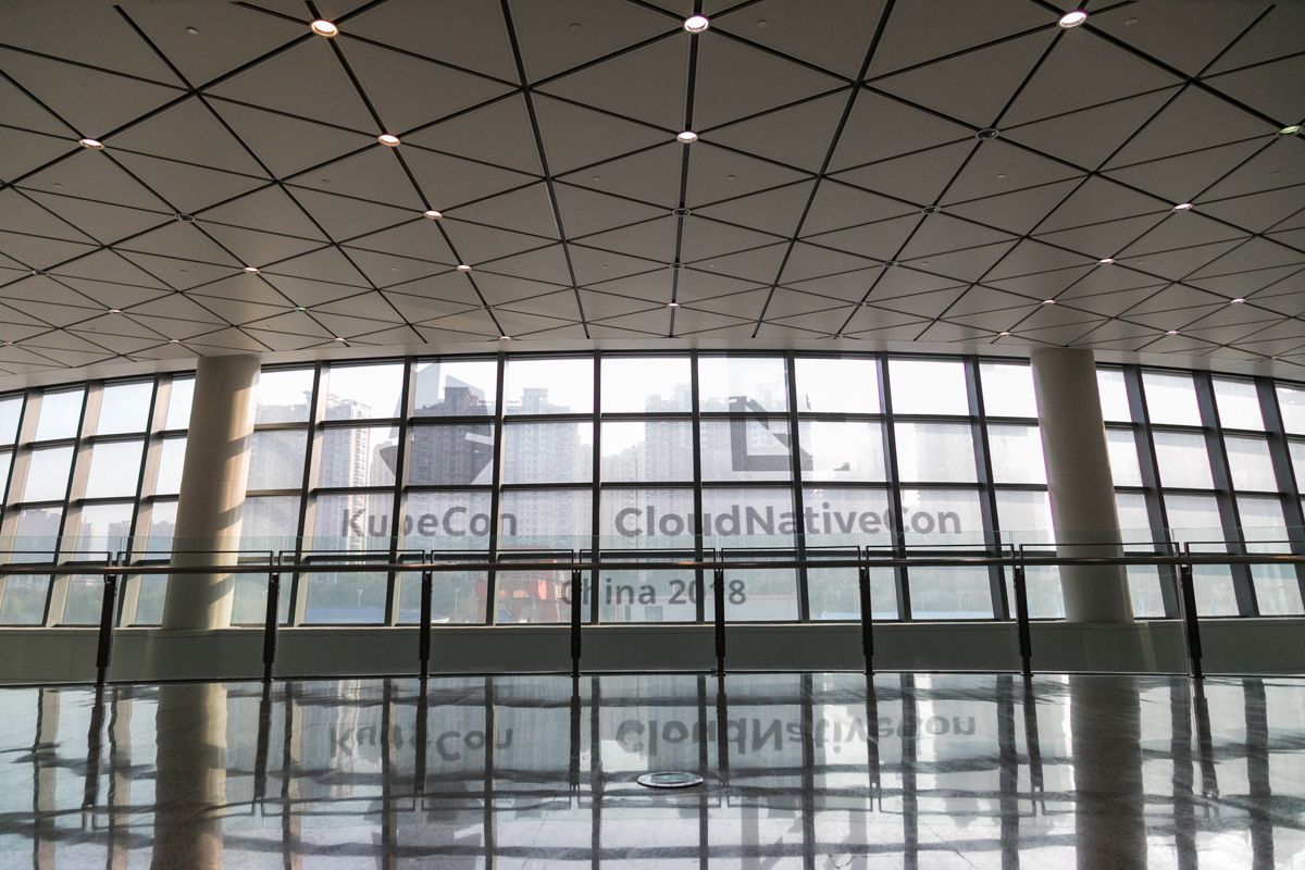 Conference hall glazing branded for KubeCon and CloudNativeCon China in 2018