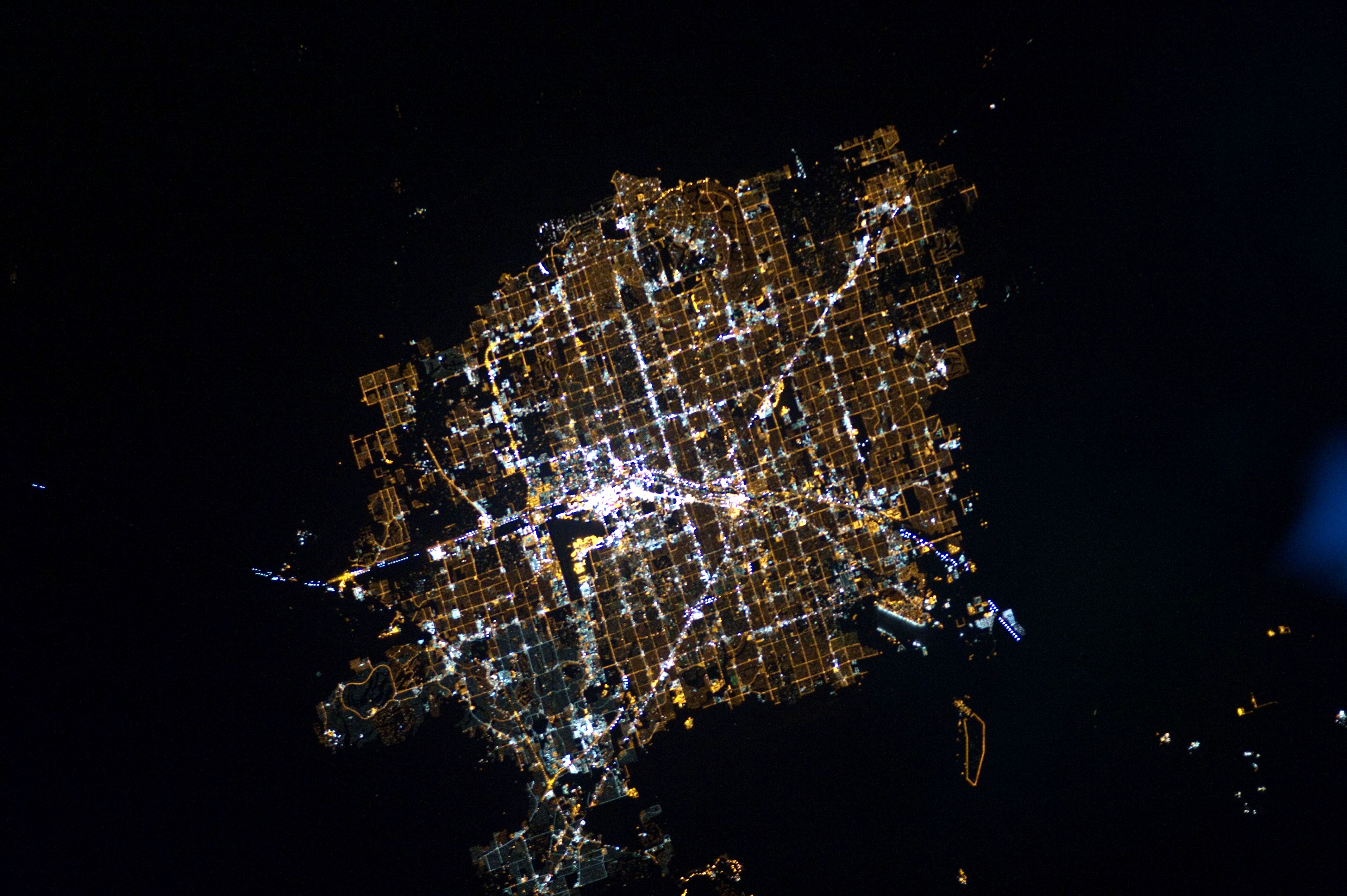 Aerial night view of the Las Vegas grid and Strip from the International Space Station