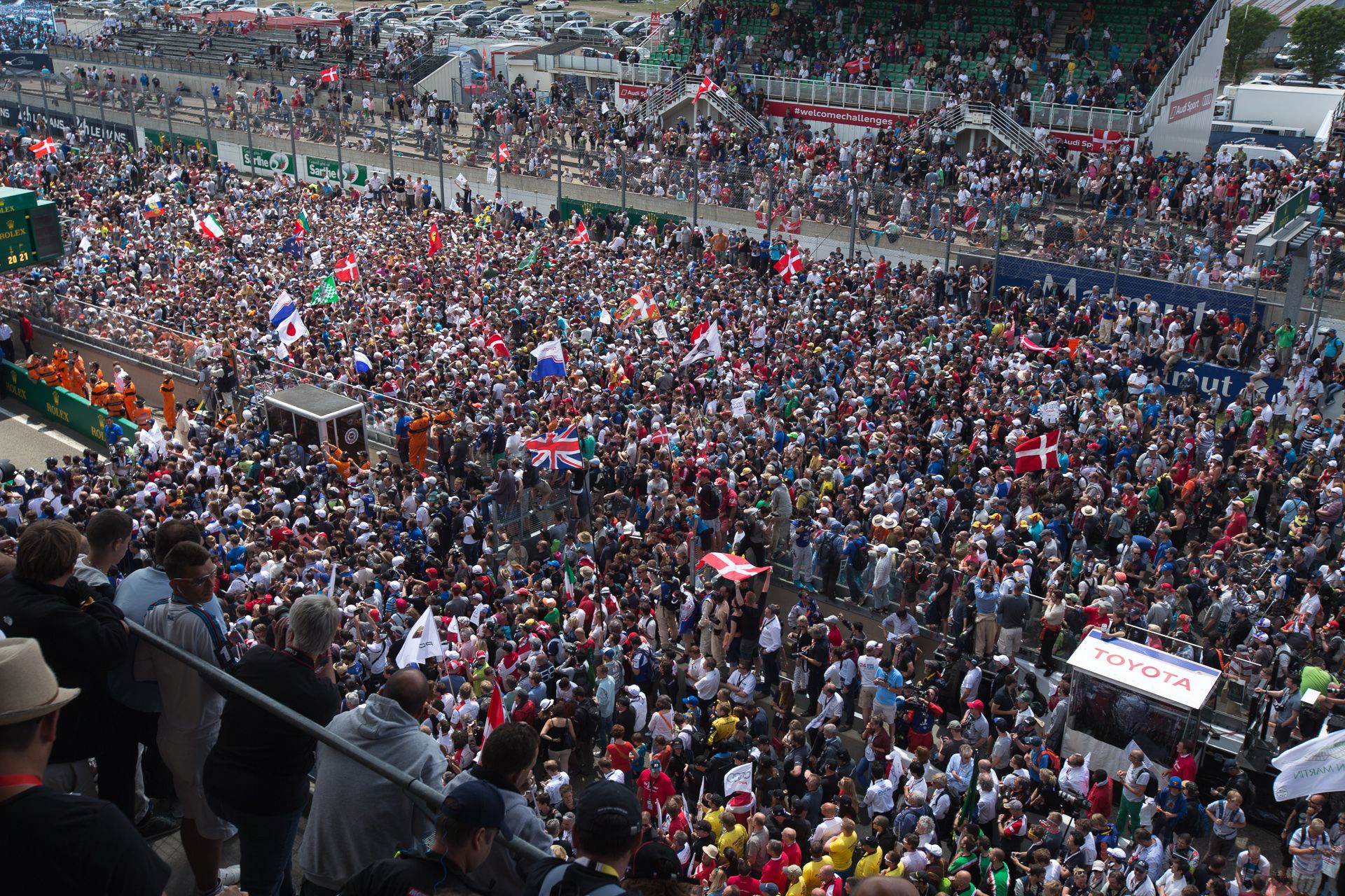 Spectators gathered beneath the Le Mans podium