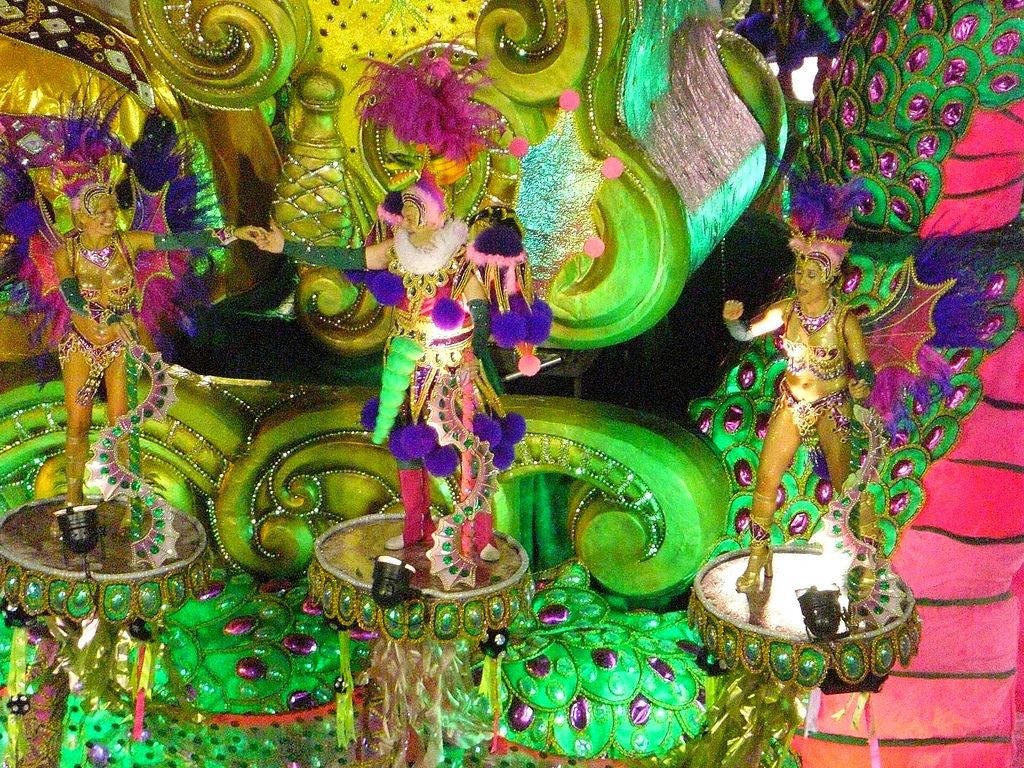 A large float and performers in the Rio Sambadrome
