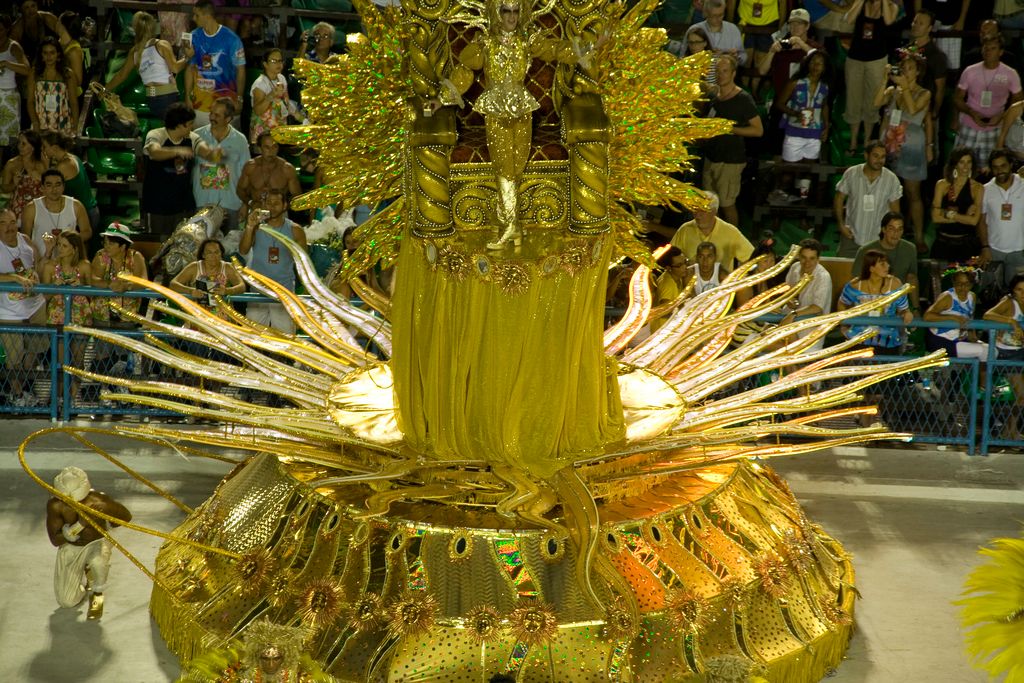 A samba-school contingent parading through the Sambadrome