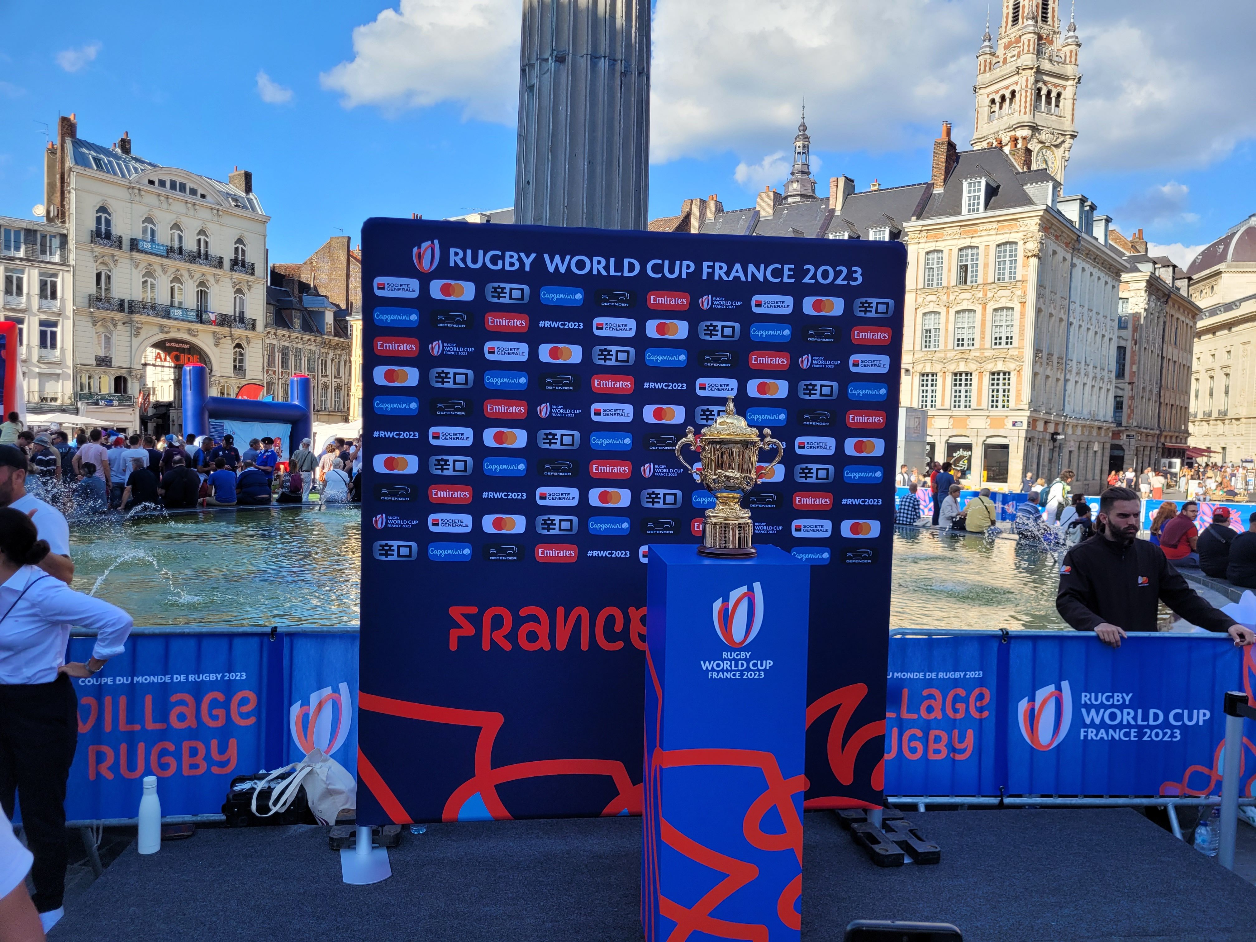 Historical context: the Webb Ellis Cup on display ahead of the 2023 Rugby World Cup; not the 2027 tournament.