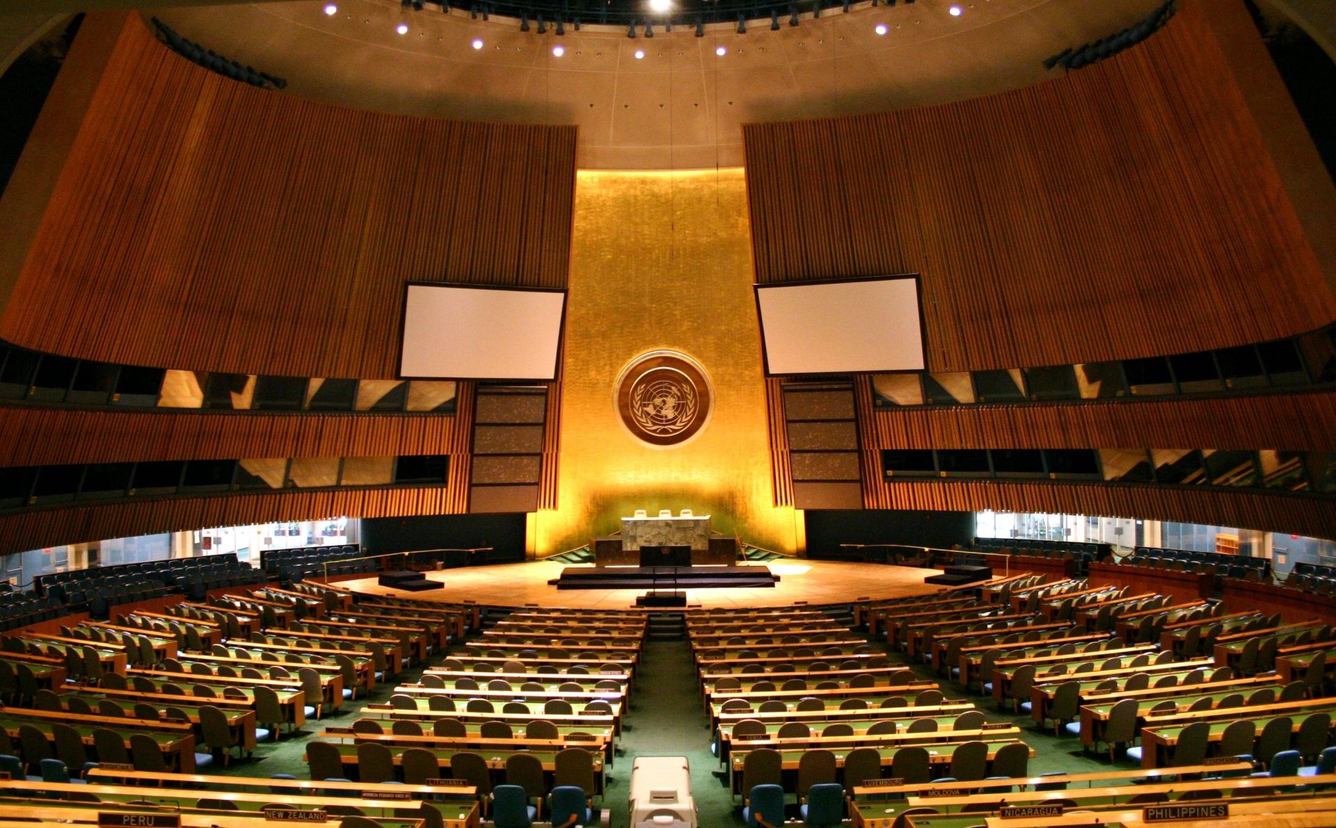 The United Nations General Assembly Hall viewed from the central aisle when empty