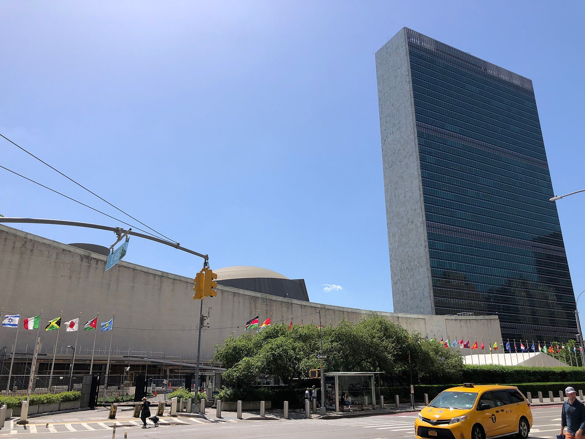 United Nations Headquarters seen from First Avenue and East 45th Street in 2024