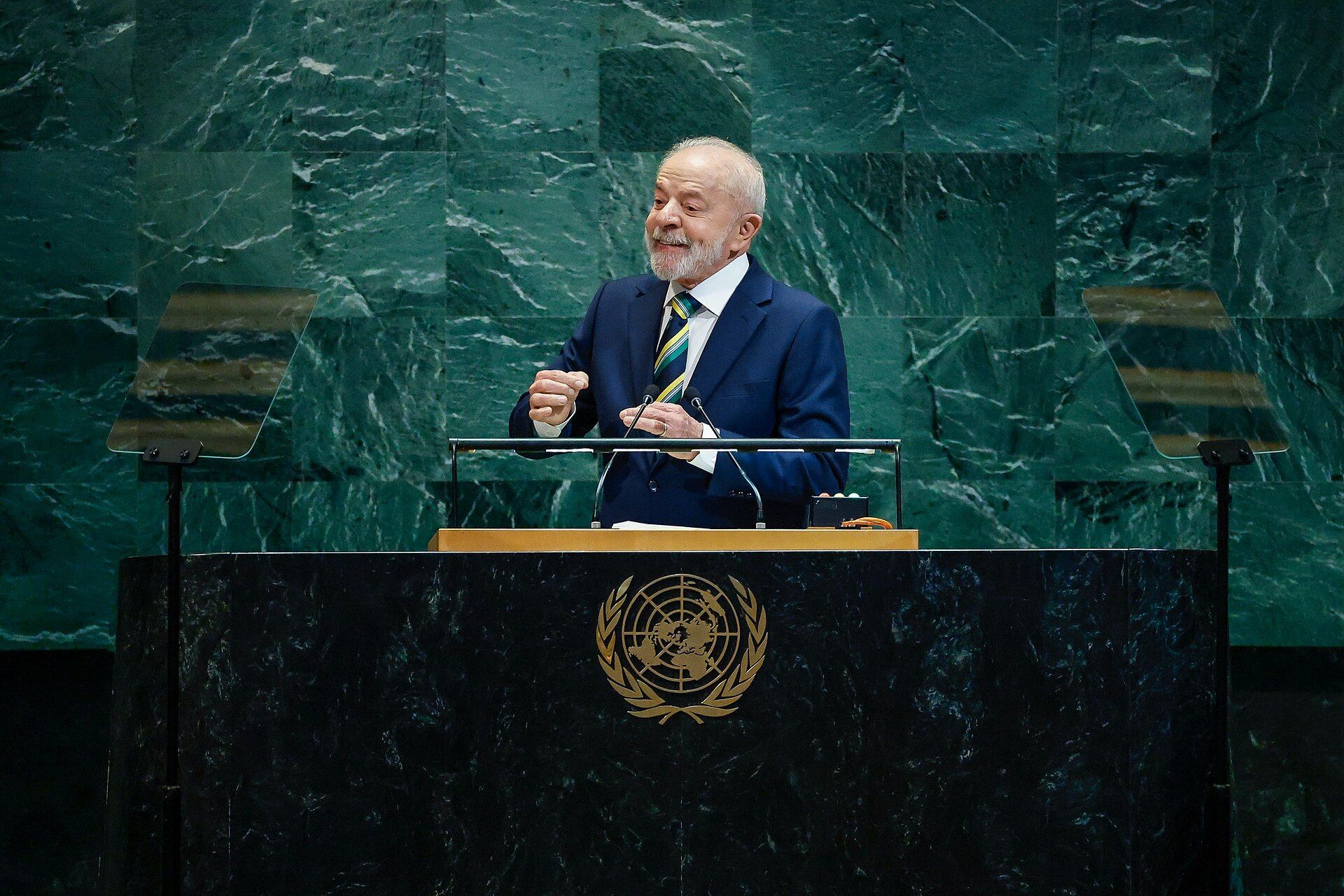 A head of state speaking from the United Nations General Assembly podium during the 2025 General Debate
