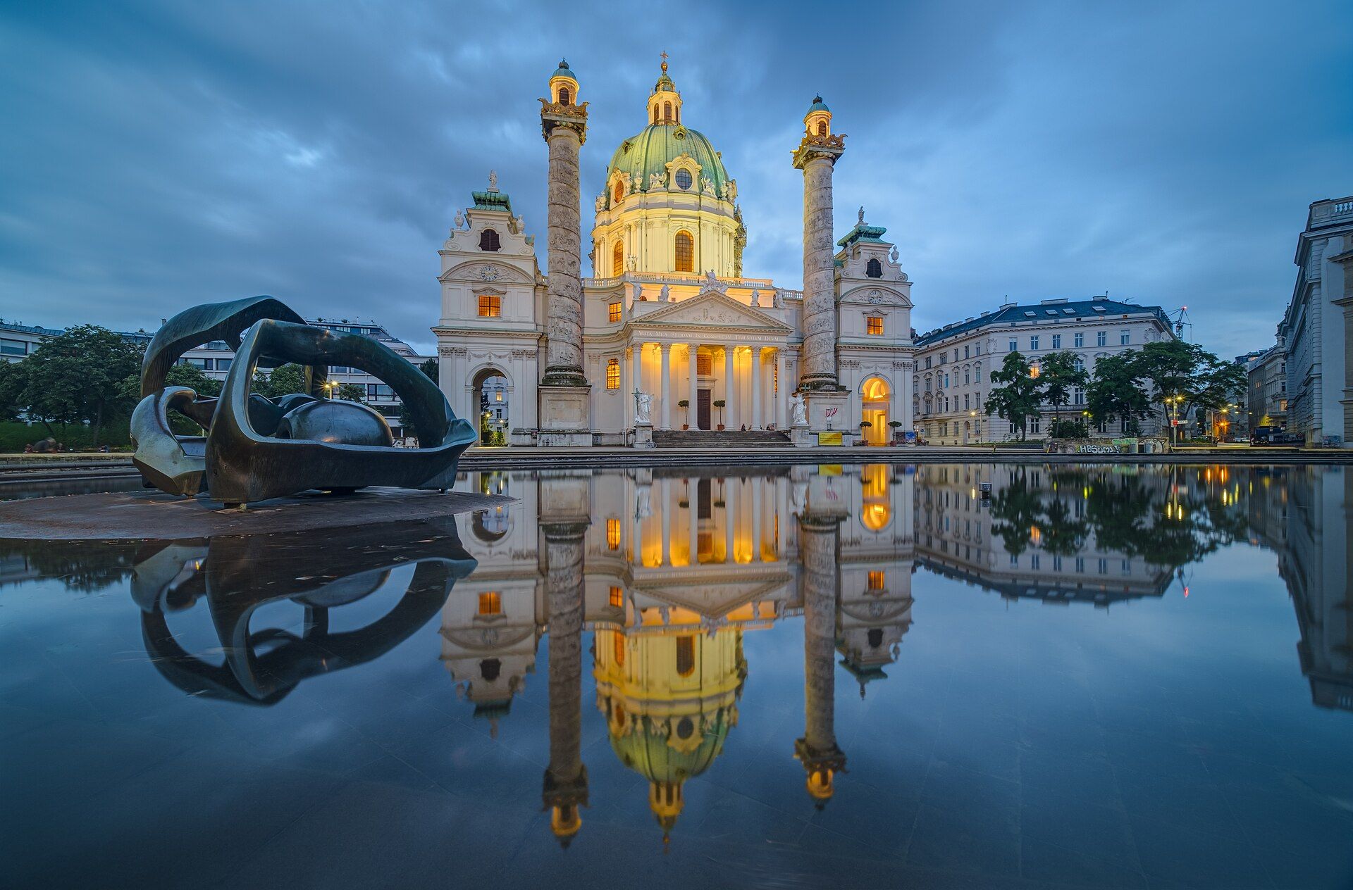 Karlskirche and reflecting pool at Karlsplatz in the evening