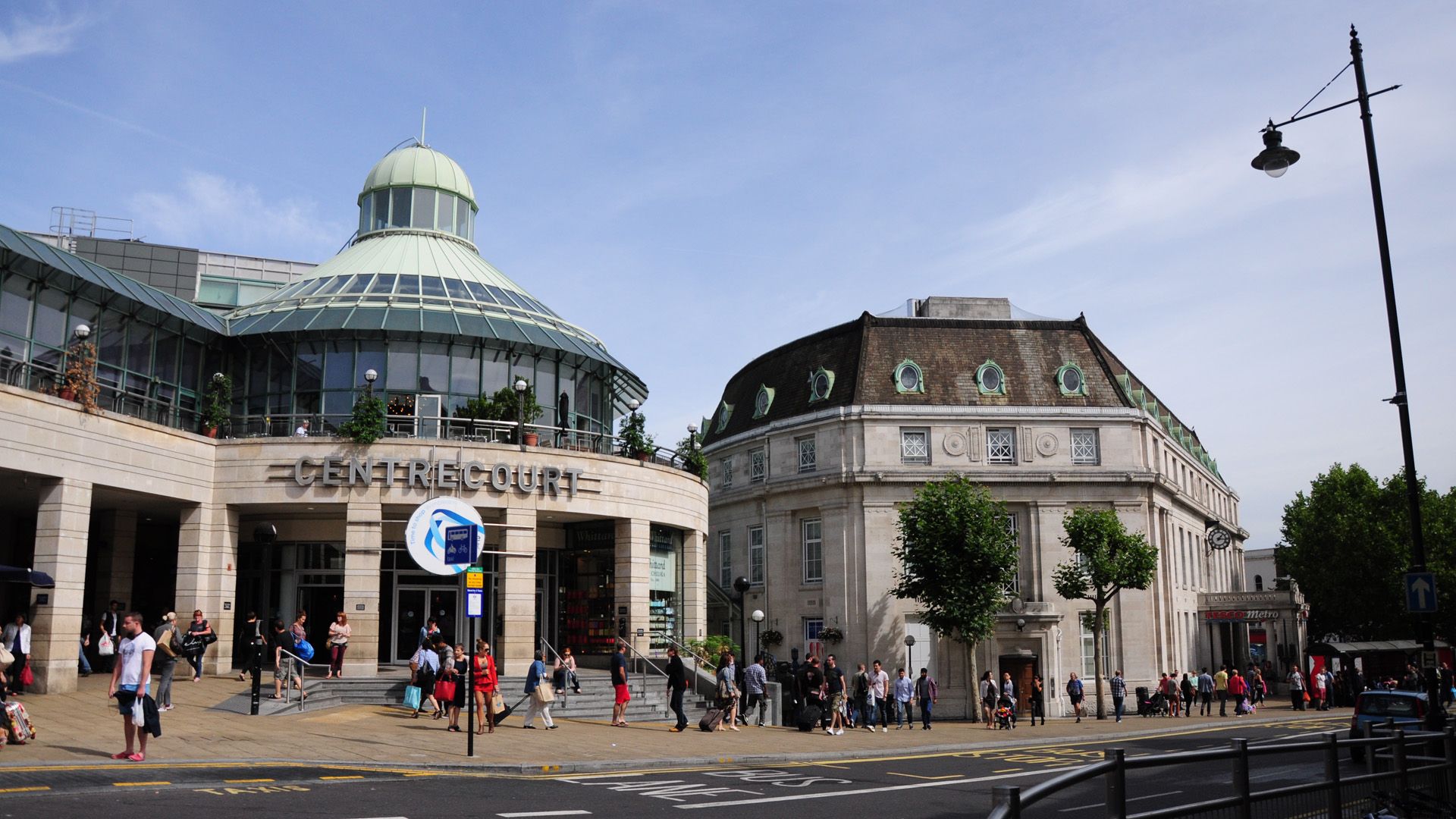 Wimbledon town centre showing the station and old town hall, photographed in 2013. City context photo of the Wimbledon area, not the tennis event itself.