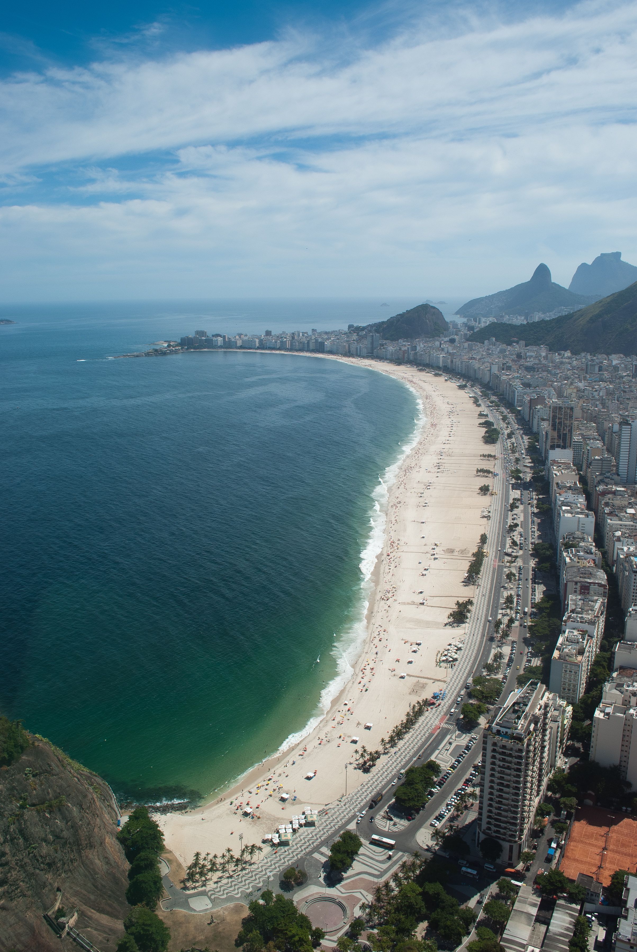 Aerial view of Copacabana beach in Rio de Janeiro, a classic rest-day setting during the 2027 World Cup.