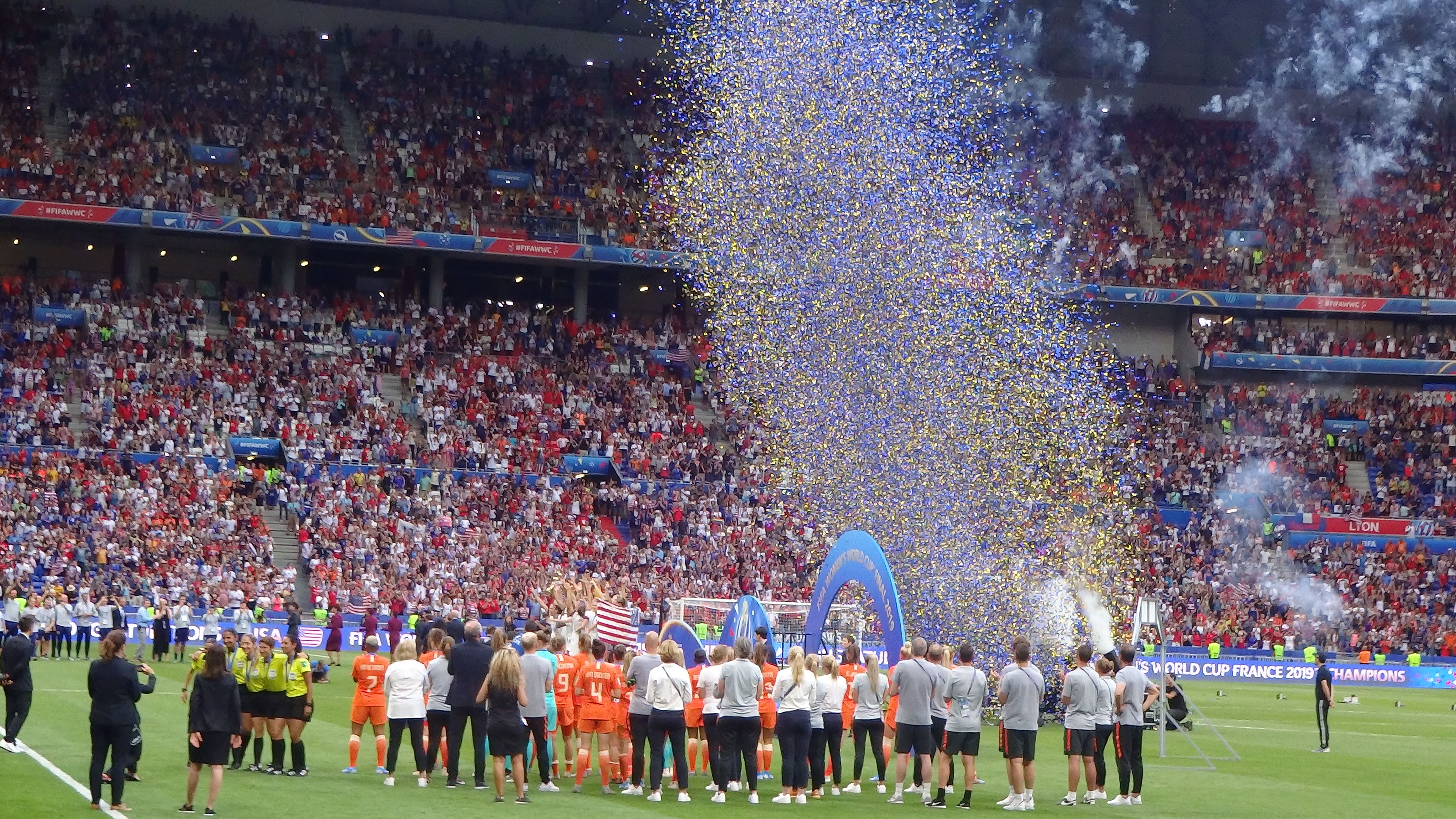 Confetti falls at the 2019 FIFA Women's World Cup final, shown as historical context; the 2027 finalists are not yet known.